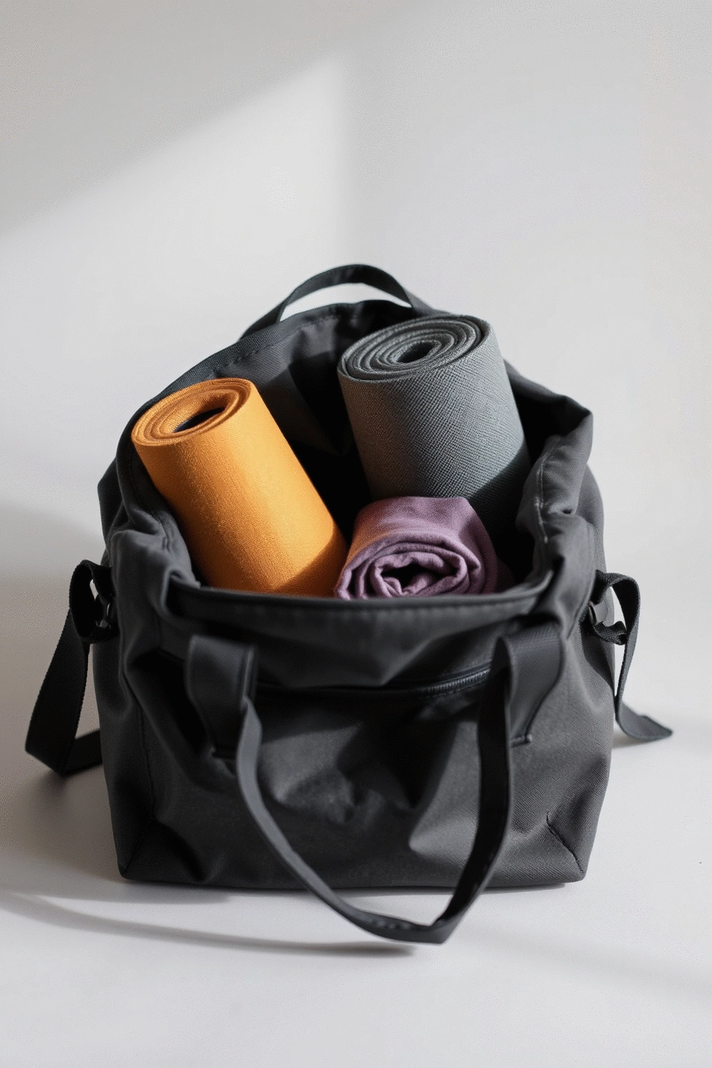 Yoga mat bag with mat and props organized inside, clean background