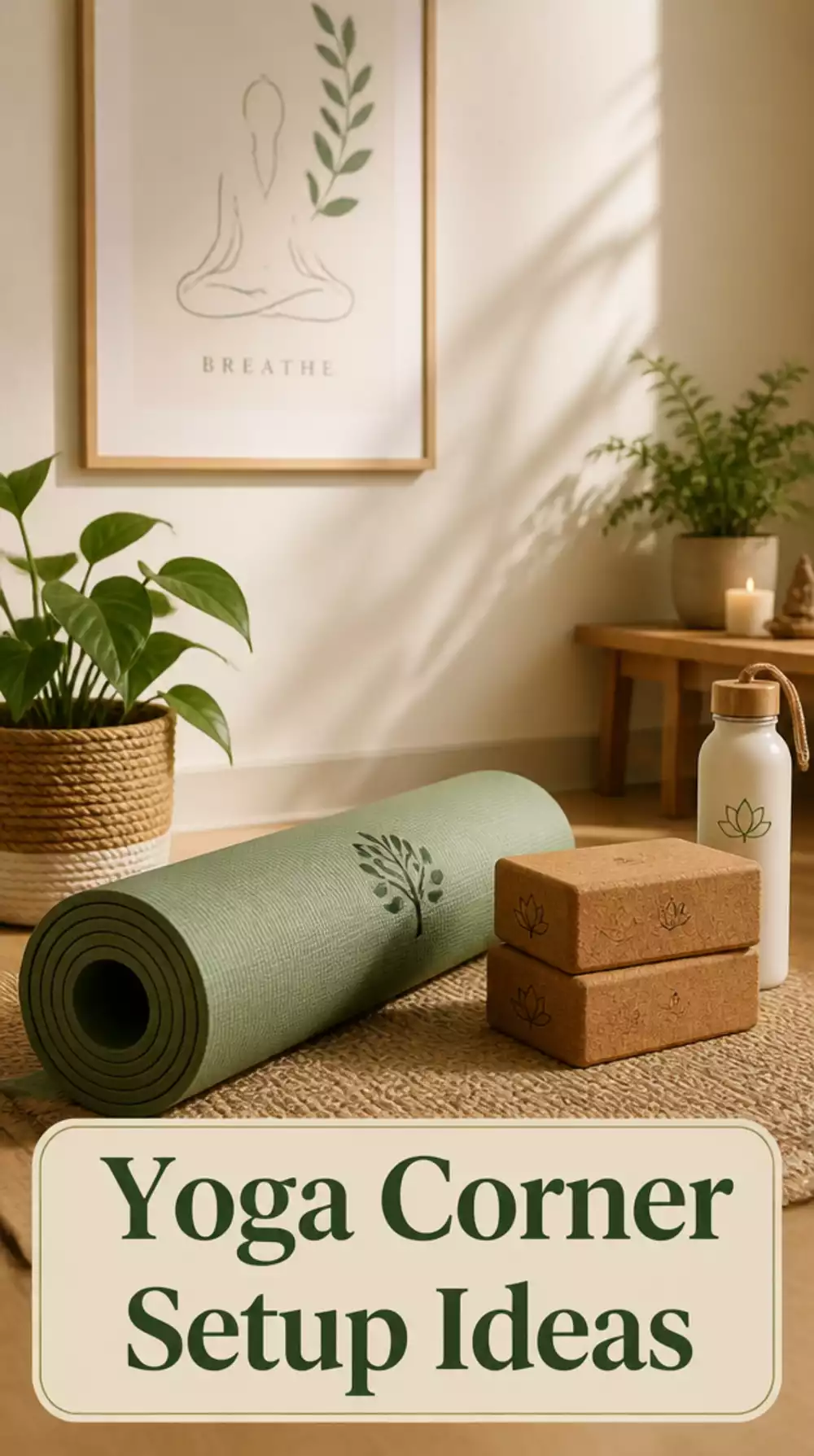 Yoga Corner Setup with a Rolled Mat, Block, and Minimal Wall Art