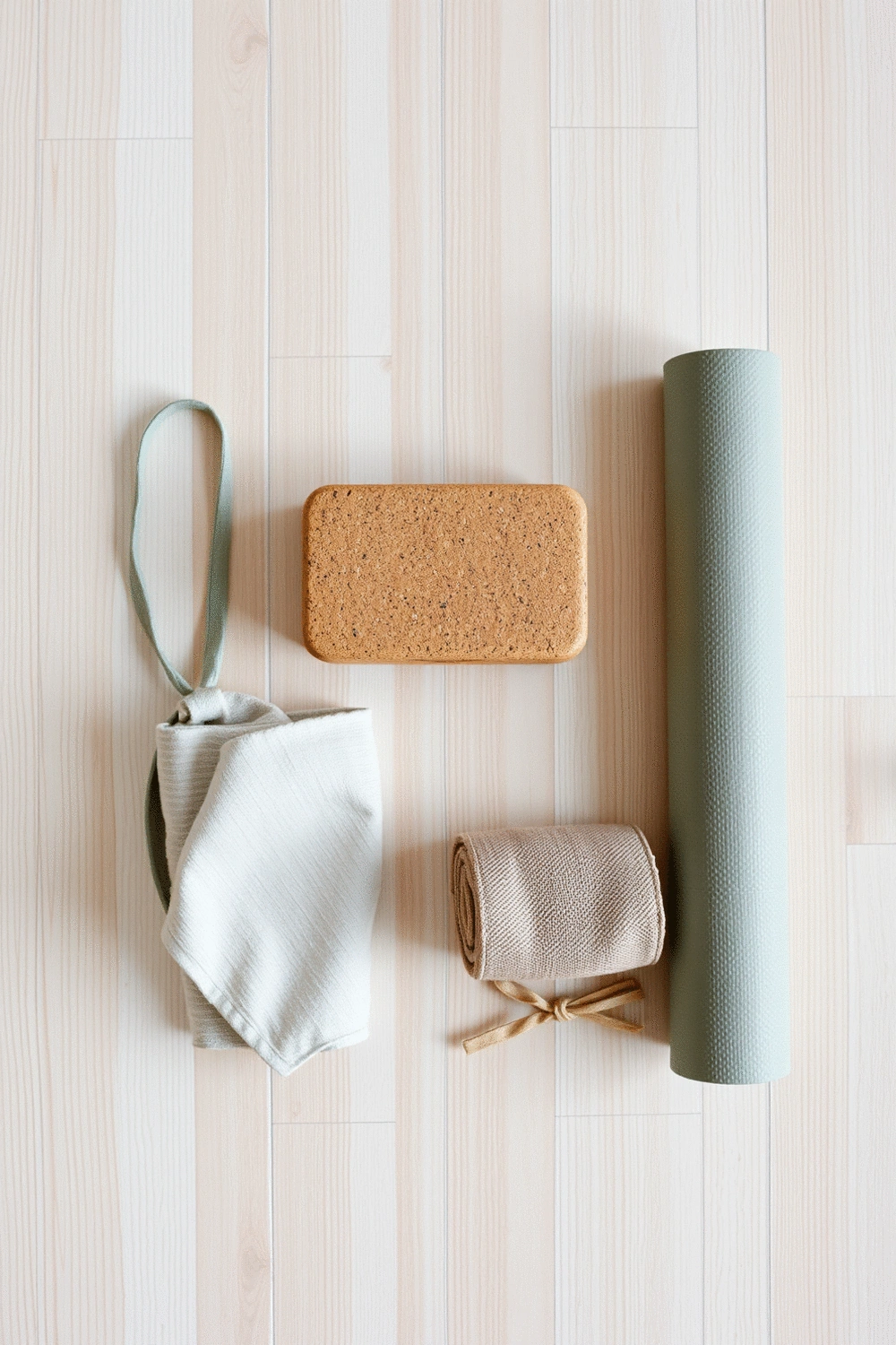 Flat lay of various yoga accessories including a cork yoga block, a natural rubber yoga mat, and a small organic cotton towel, arranged neatly on a light wood background.