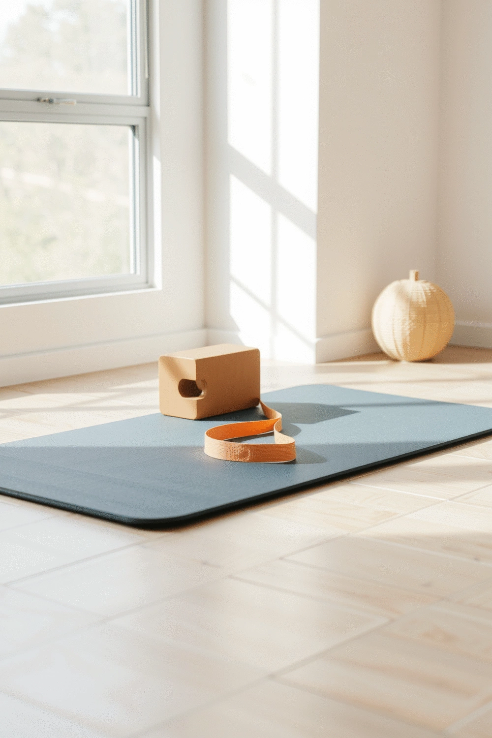 Yoga mat with yoga block and strap, soft natural light, clean background