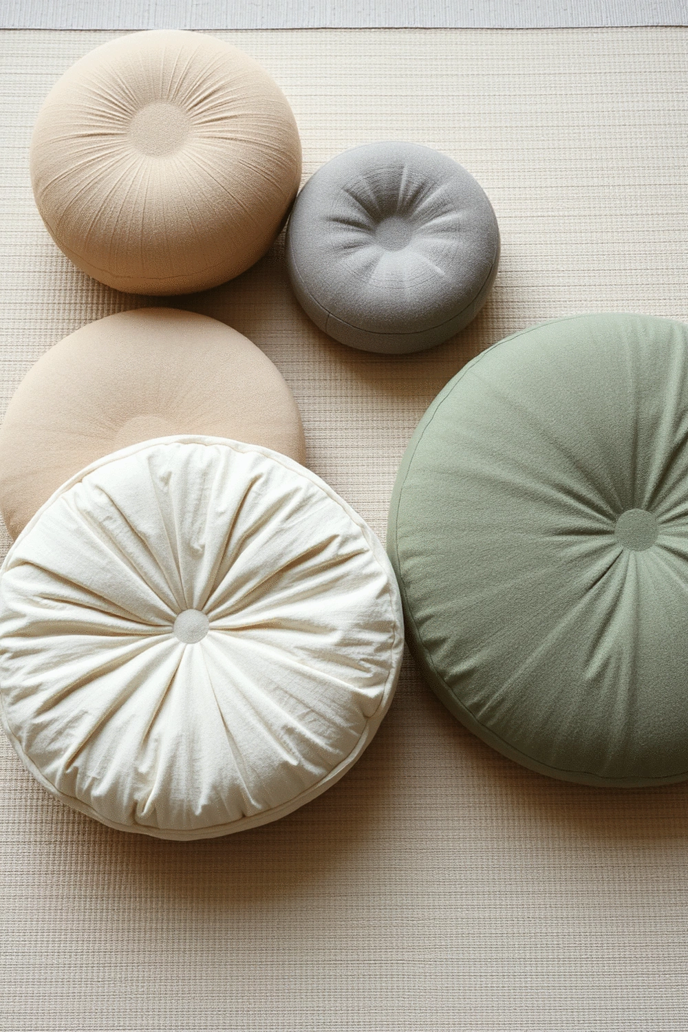 An assortment of different meditation cushions including a round zafu, a flat zabuton, and a crescent-shaped cushion, arranged neatly on a light-colored mat.