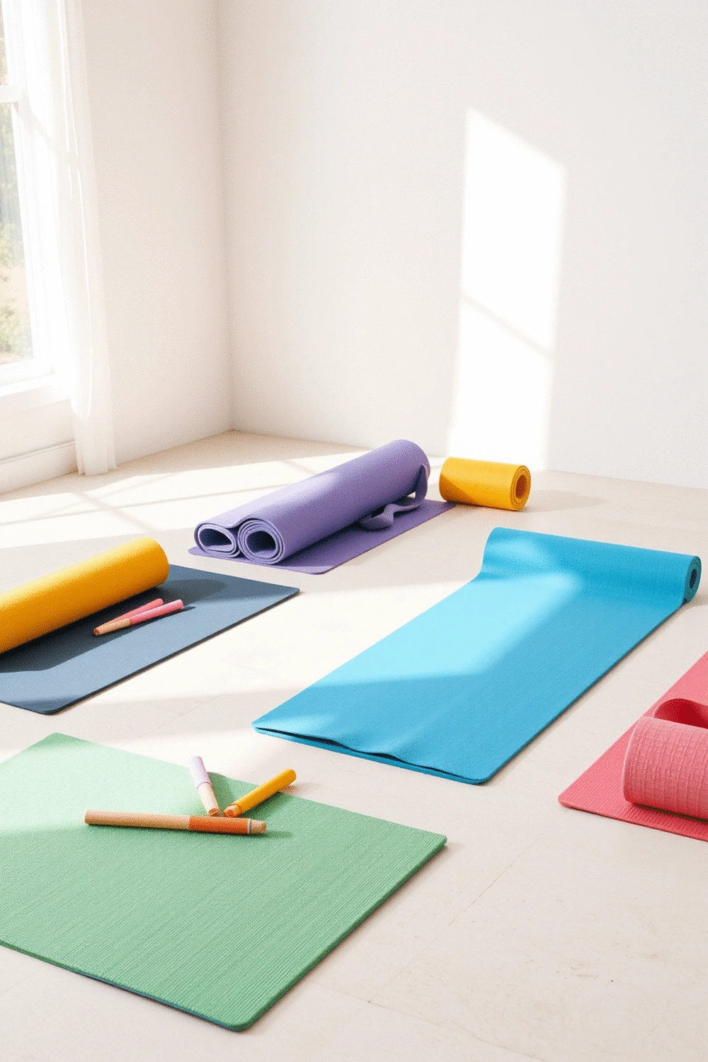 Colorful children's yoga mats and props arranged neatly on a clean, light-colored floor