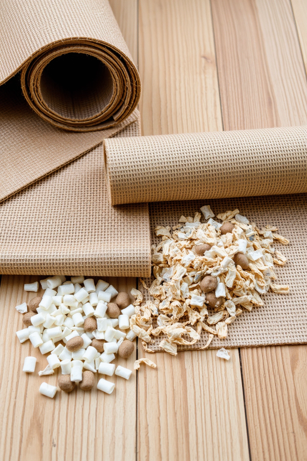 A selection of eco-friendly yoga mat materials, such as natural rubber, jute fibers, and recycled plastic pellets, arranged aesthetically on a wooden surface with soft, diffused lighting.
