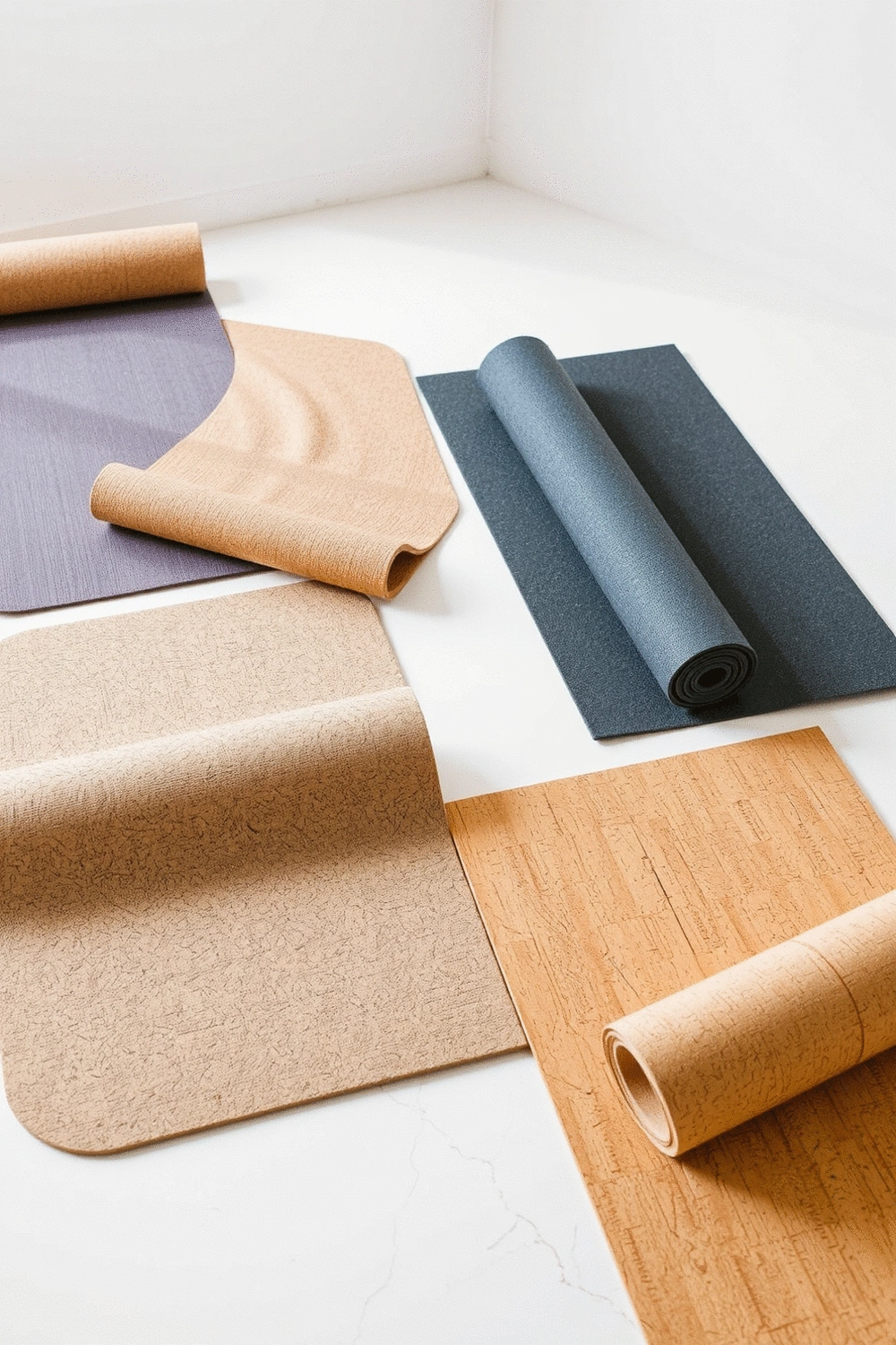 A flat lay of various yoga mats made from different eco-friendly materials like natural rubber and cork, showcasing textures and colors, on a clean studio floor.