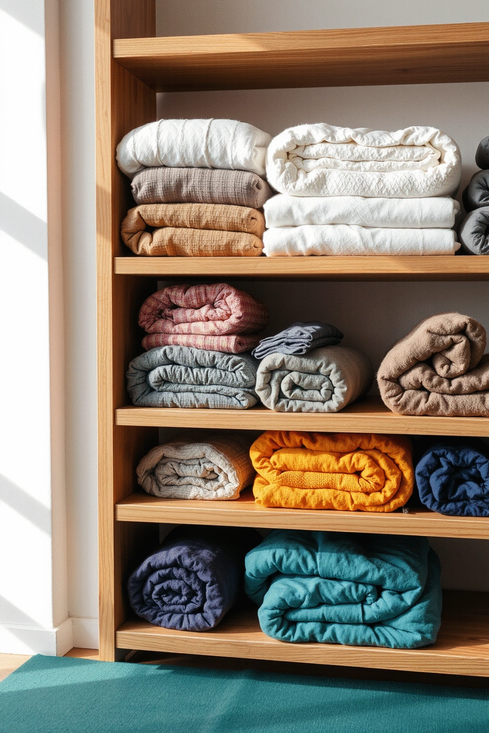 Various yoga blankets of different sizes and textures neatly folded on a wooden shelf