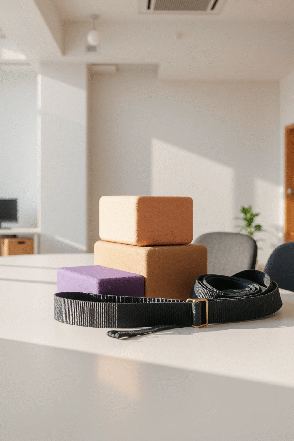 Yoga blocks and straps on a clean, light-colored desk in an empty office setting