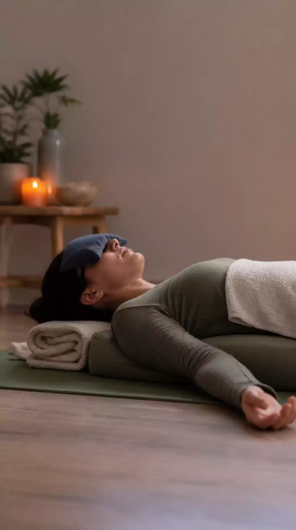 Restorative Yoga Pose with Eye Pillow That Creates a Sensory Withdrawal Experience