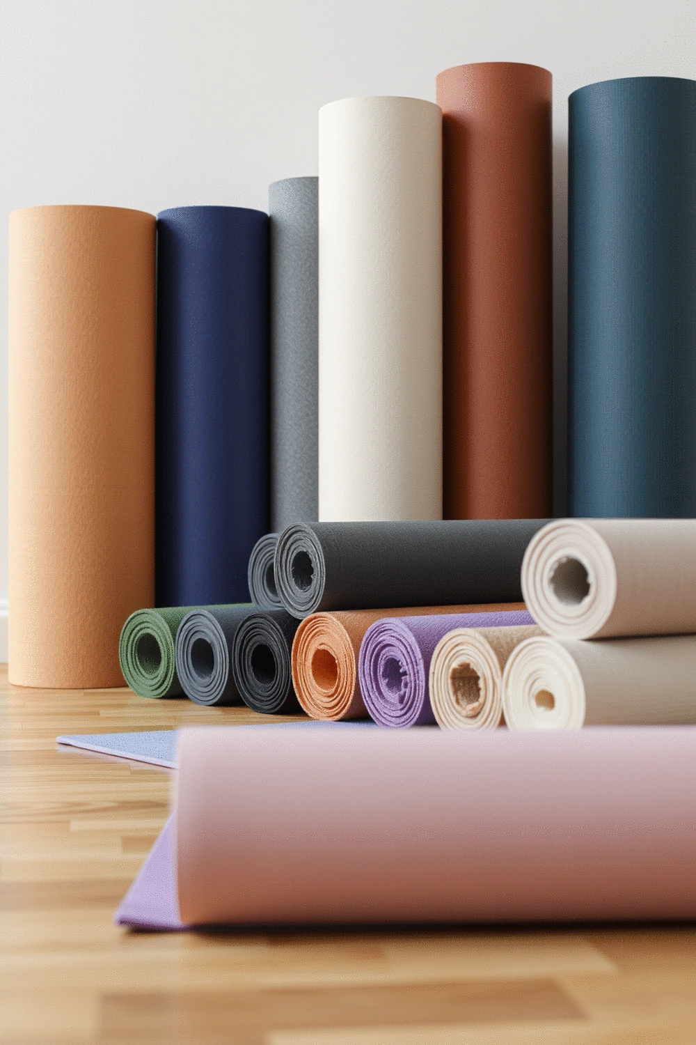An array of neatly rolled yoga mats of various colors and thicknesses, arranged on a wooden floor.
