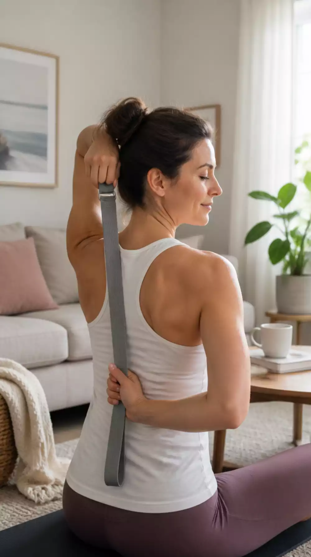 Postnatal Yoga Strap Shoulder Stretch That Undoes Breastfeeding Posture Damage