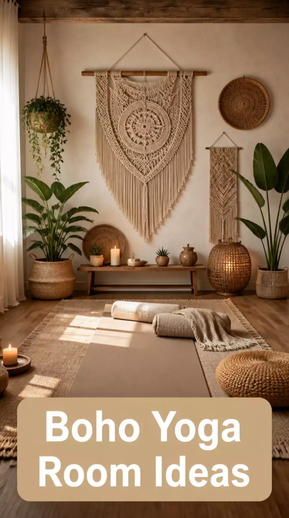 Boho Yoga Room with Woven Wall Hanging and Natural Wood Floor Finish