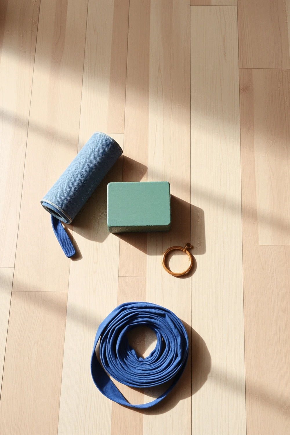 Flat lay of a budget-friendly yoga starter kit including a rolled yoga mat, a yoga block, and a yoga strap on a light wooden floor.