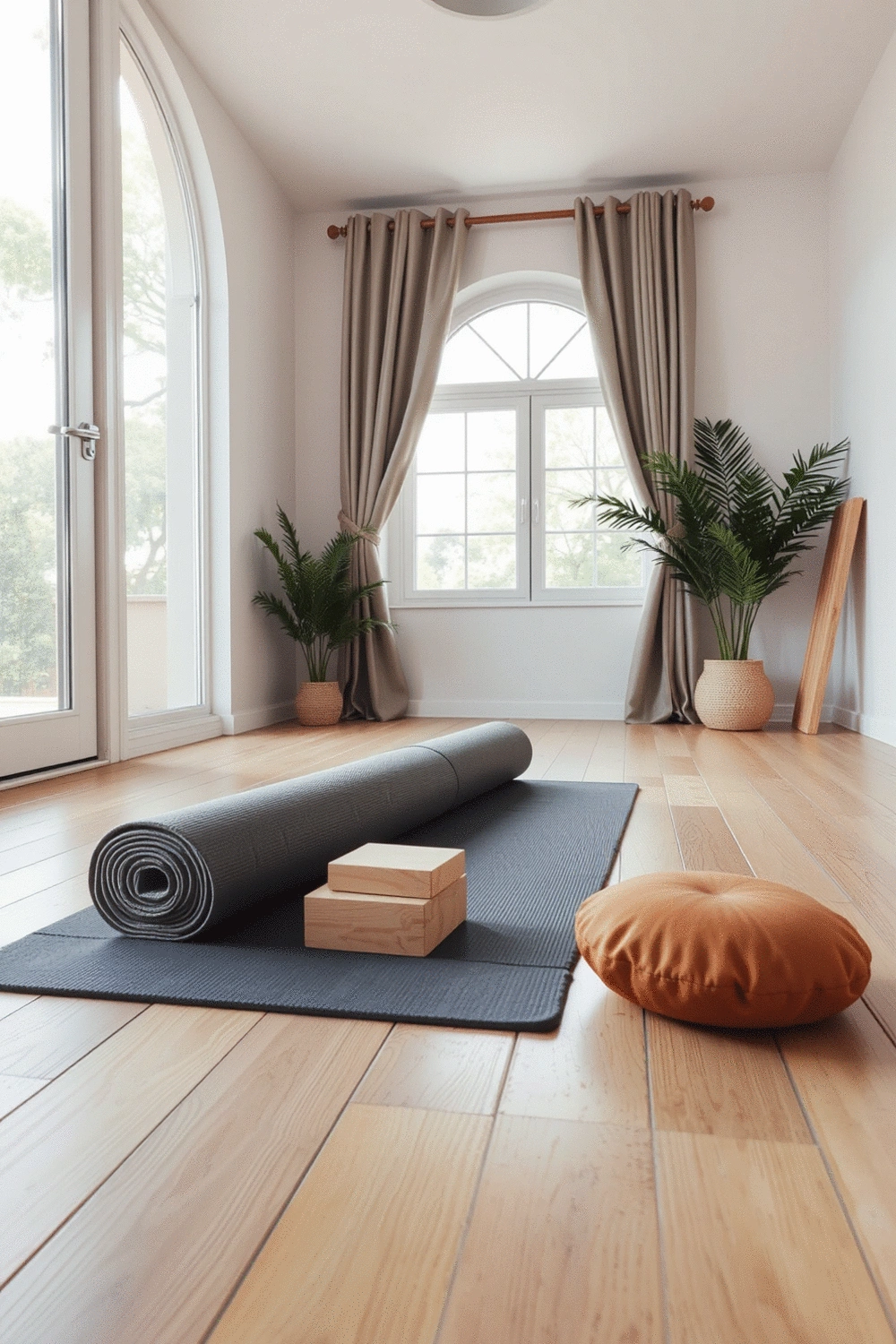 Stylized home yoga studio with a rolled yoga mat, yoga blocks, and a meditation cushion on a clean wooden floor with soft natural light coming through a window.