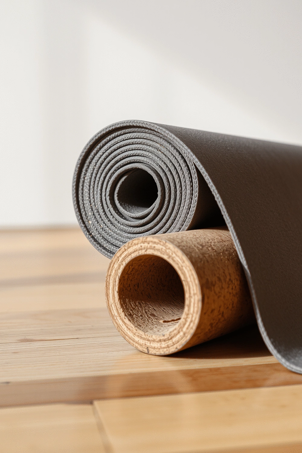 Close-up studio shot of a rolled natural rubber yoga mat with a cork yoga block next to it, on a minimalist wooden floor.