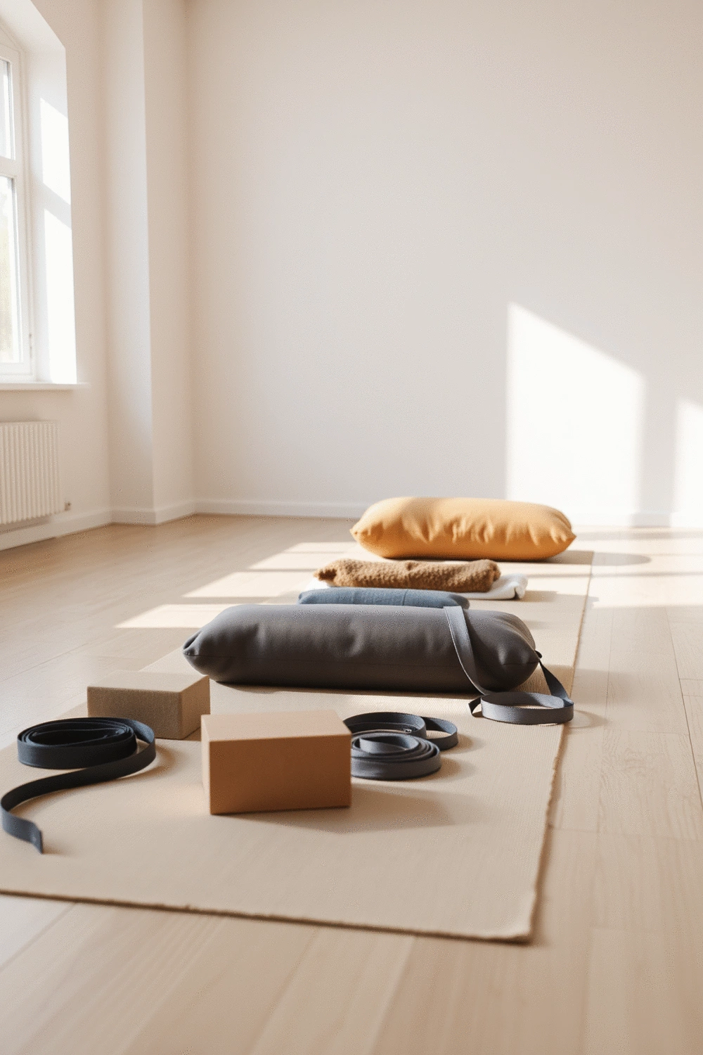 A clean, empty yoga studio with various yoga props neatly arranged. Focus on yoga blocks, straps, bolsters, and cushions on a light-colored yoga mat, illuminated by soft natural light.