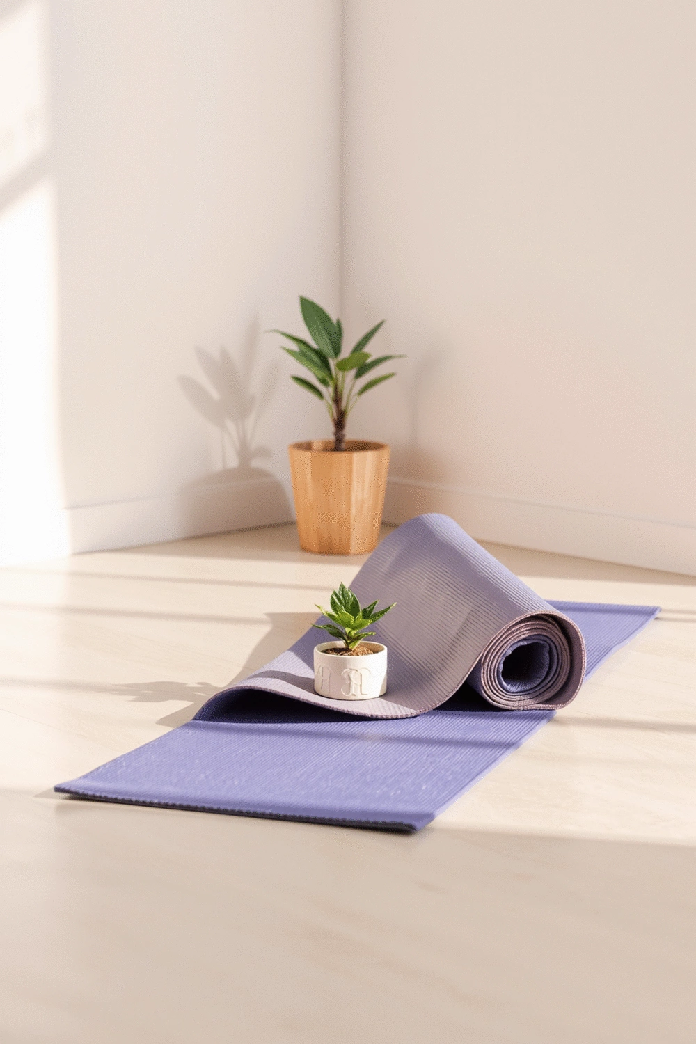 Still life of a yoga mat unrolled on a clean floor with a small potted plant and a calm, uncluttered background, signifying peace and focus.