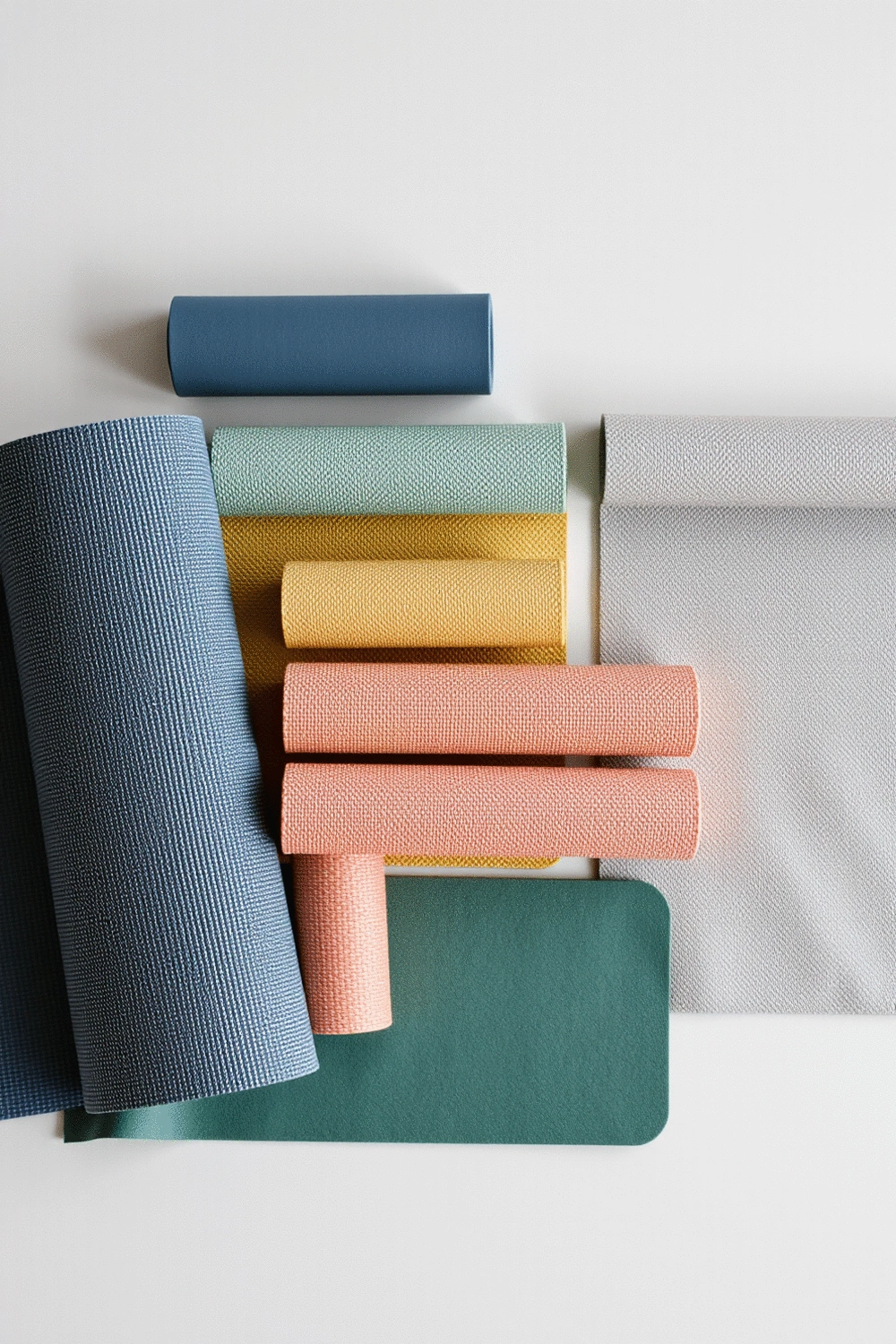 Flat lay of various yoga mat samples, showcasing different textures, thicknesses, and colors on a neutral background.
