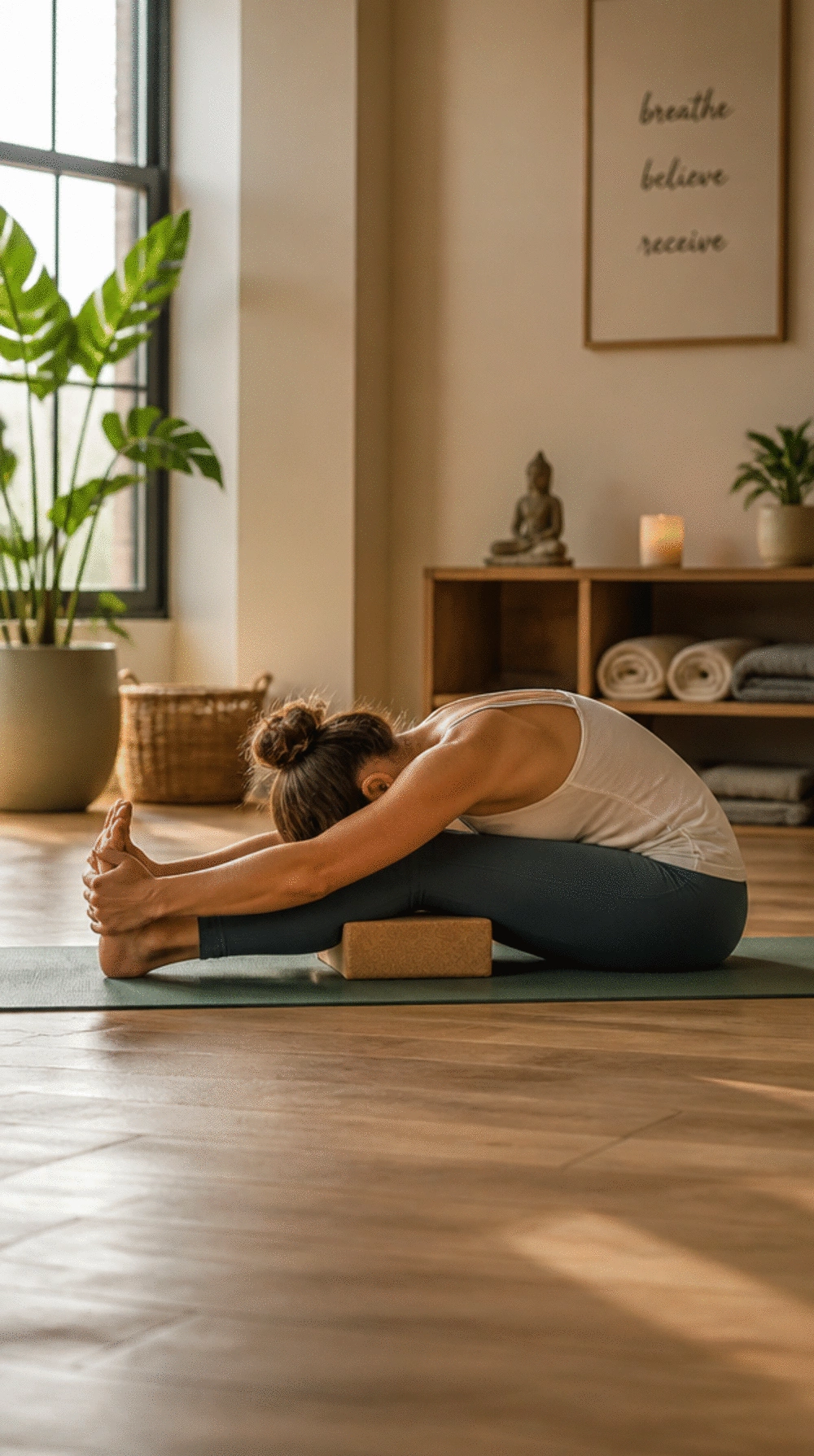 Seated Forward Fold Yoga Block Under the Shins That Stops Lower Back Rounding