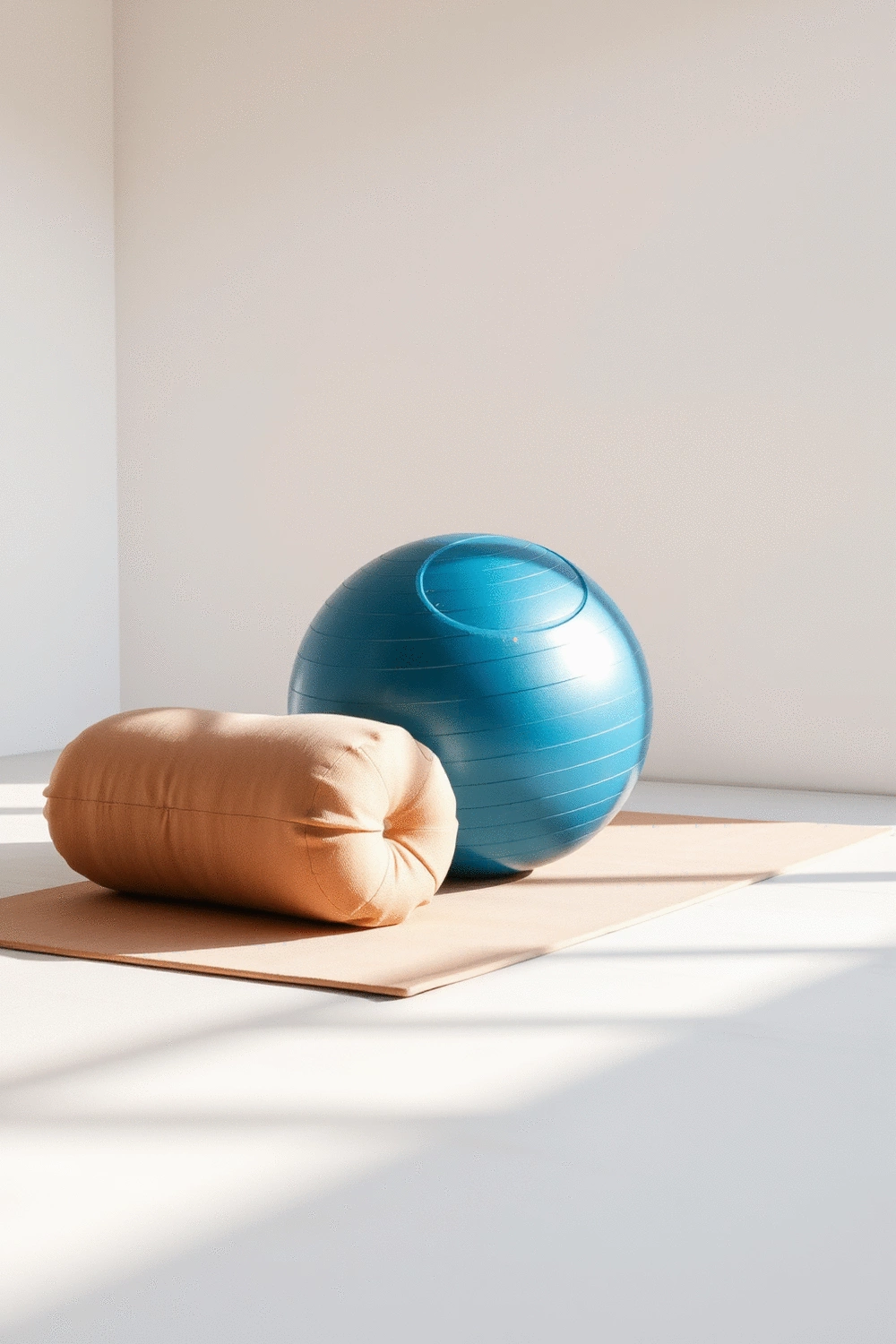 Arrangement of a weighted yoga ball and a yoga bolster on a clean, light-colored yoga mat