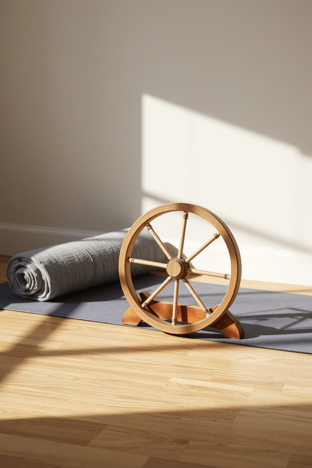 Yoga wheel on a wooden floor next to a rolled yoga mat and meditation cushions