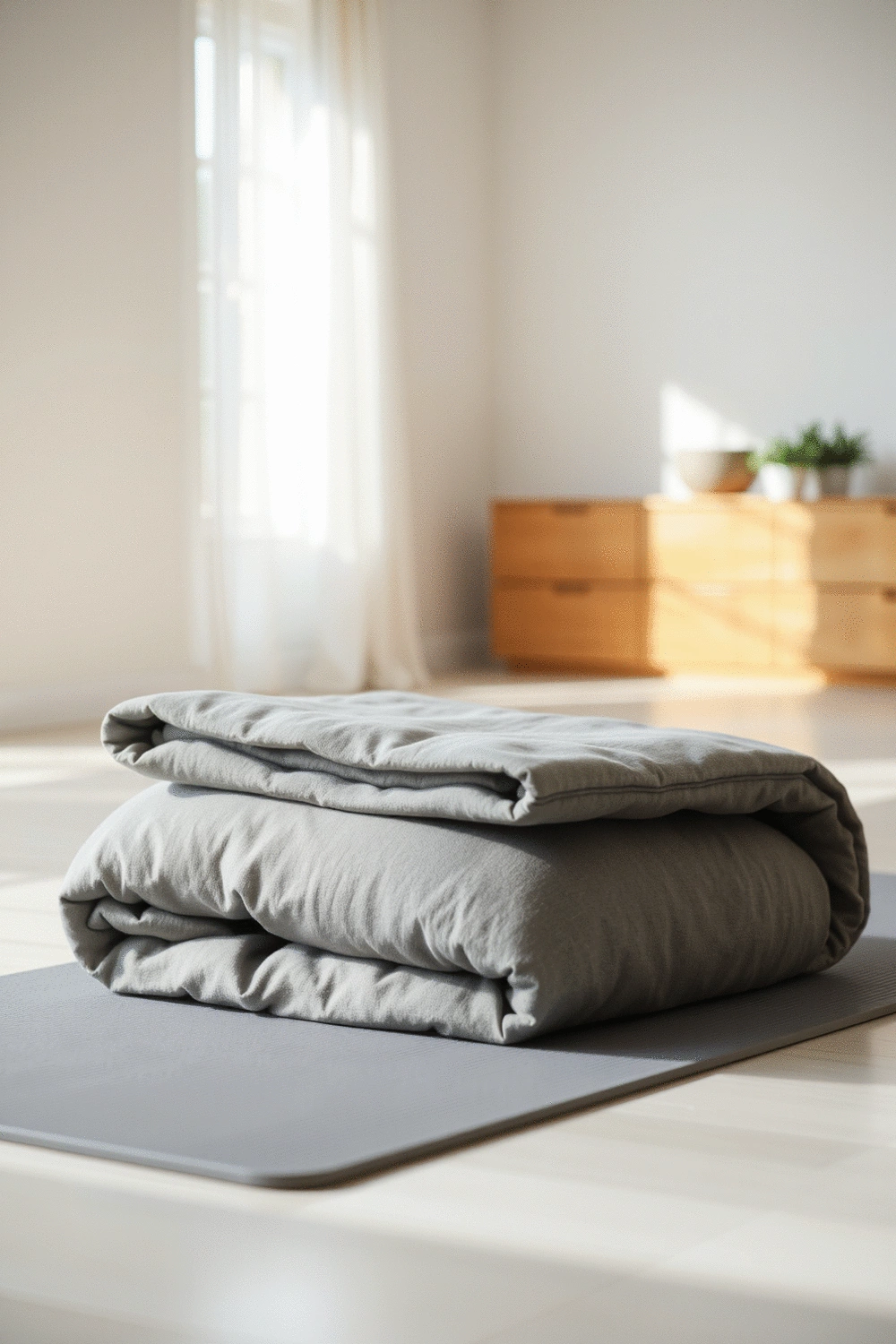 A yoga blanket folded neatly into a compact rectangle on a clean yoga mat, ready for use as a prop