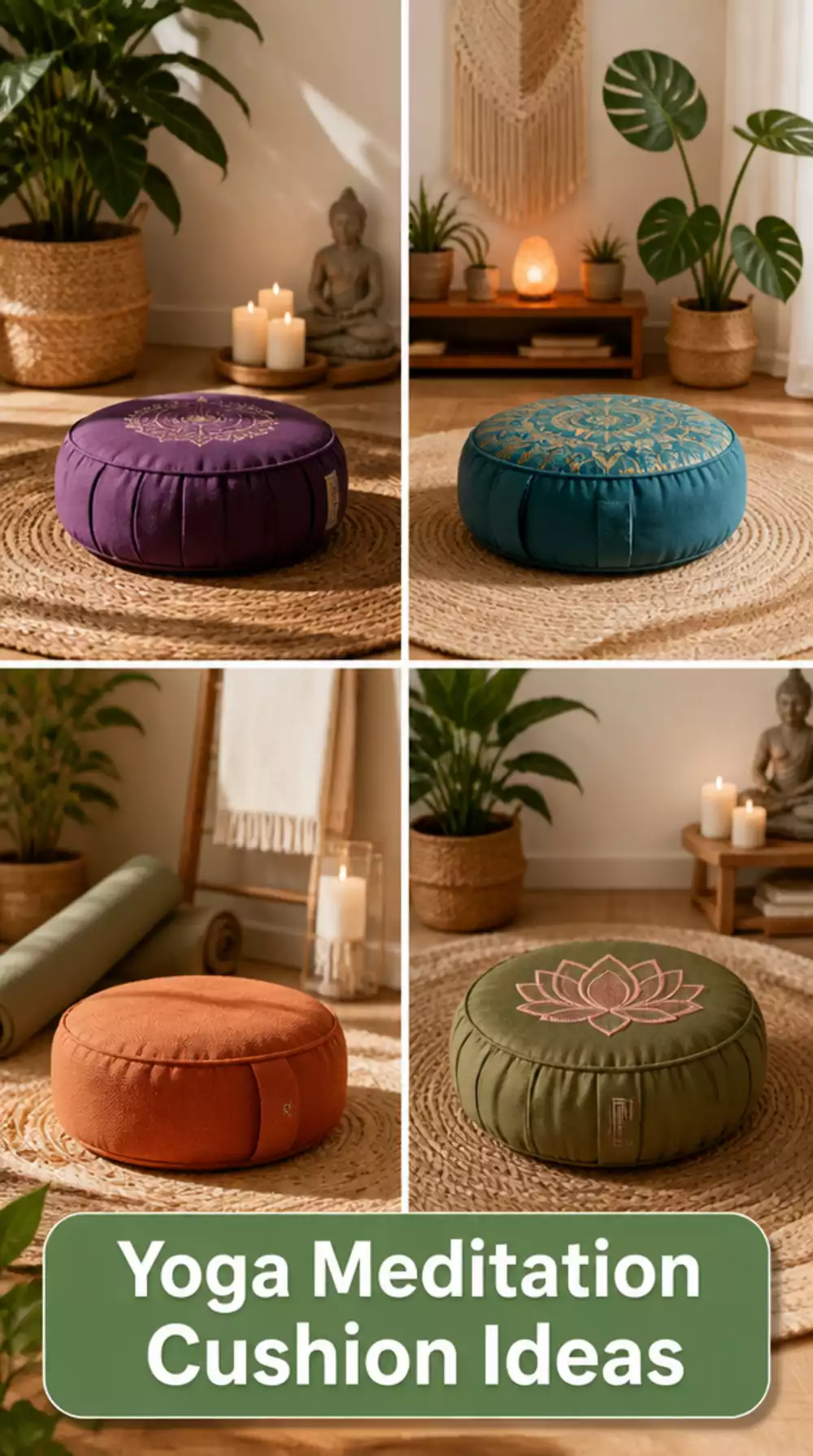 Yoga Meditation Cushion Styled on a Natural Jute Rug for a Boho Corner