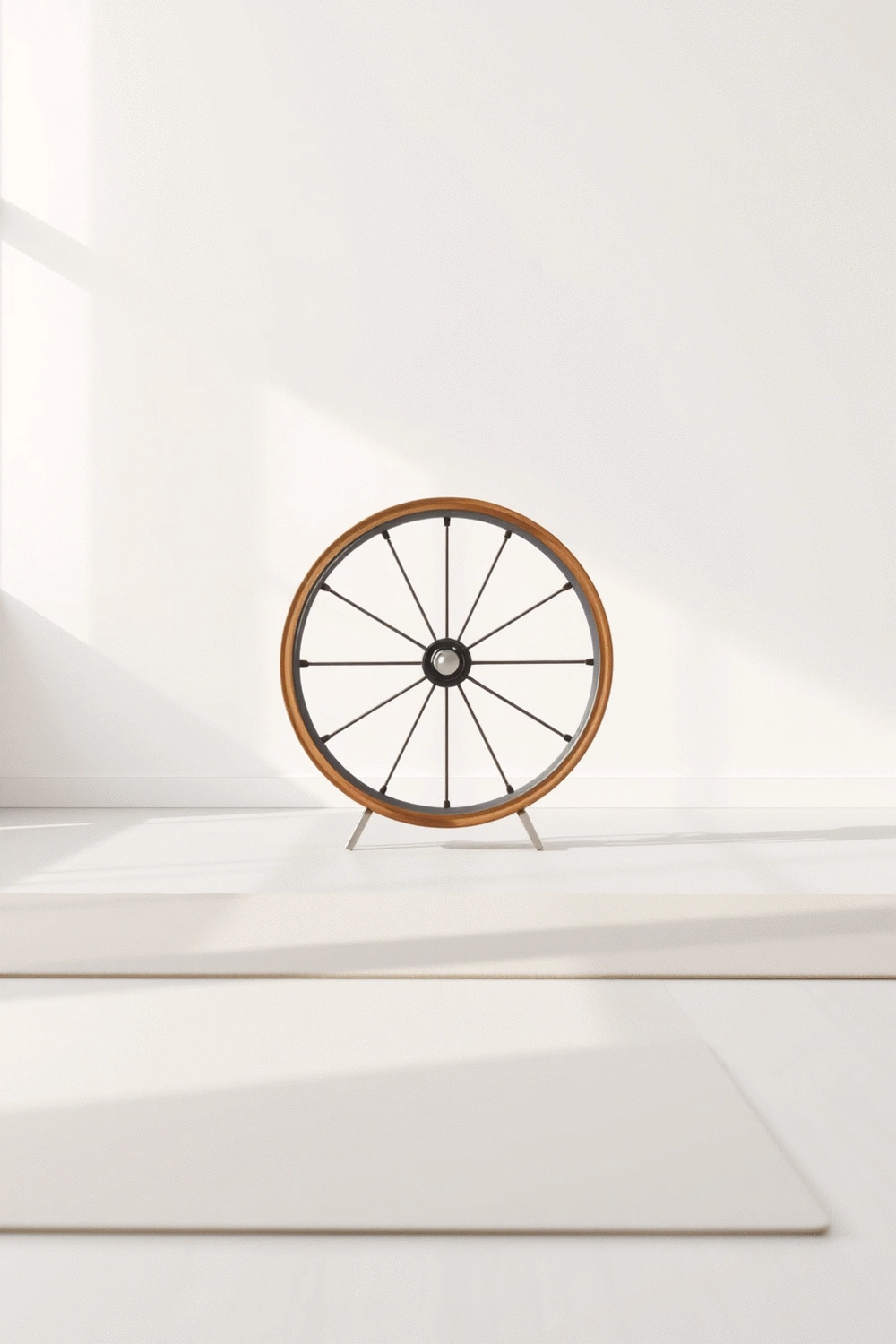 Yoga wheel on a clean yoga mat in a minimalist studio setting