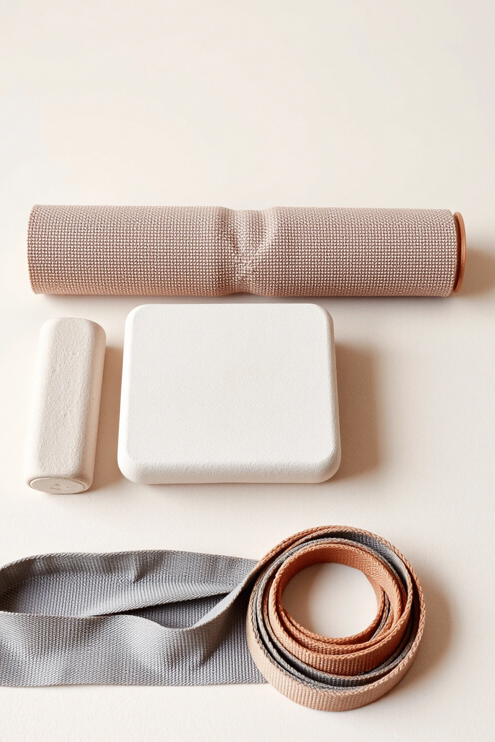 A variety of yoga props, including a mat, block, and strap, meticulously organized on a clean surface, emphasizing maintenance and longevity.