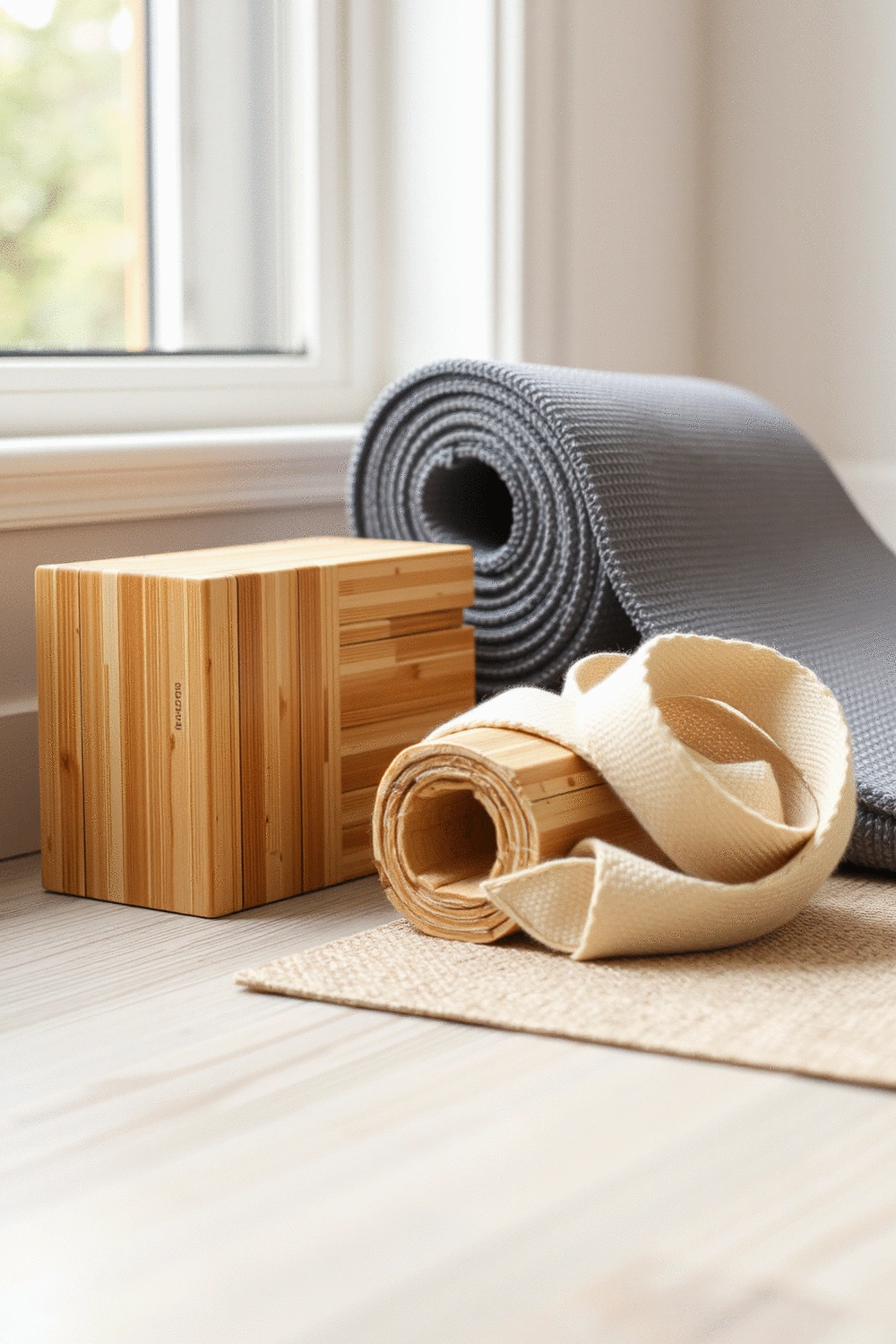 Assortment of eco-friendly yoga props, including a bamboo block, a natural rubber mat, and an organic cotton strap, arranged neatly on a wooden floor.