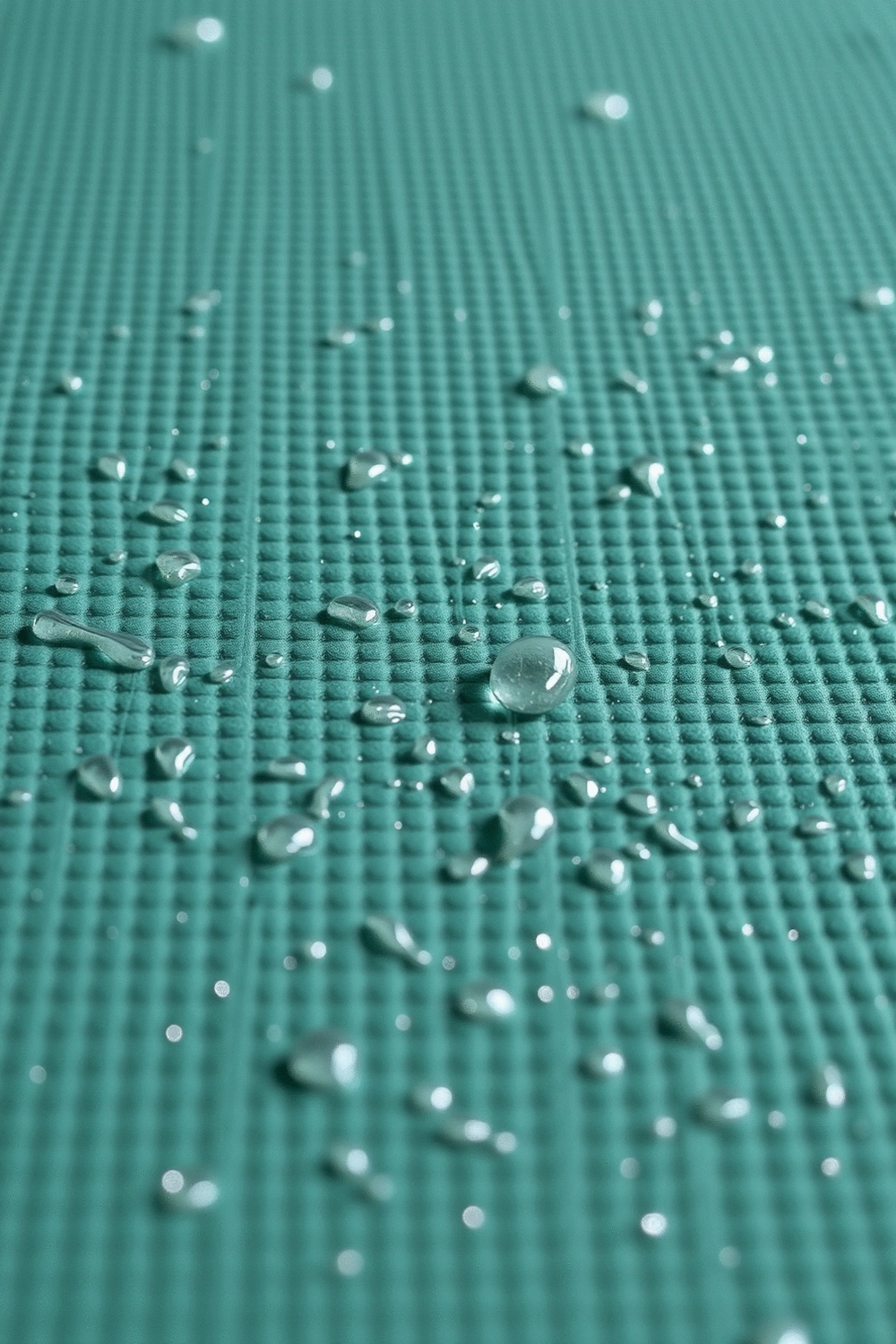 Close-up of a textured hot yoga mat with water droplets, emphasizing grip and moisture resistance.