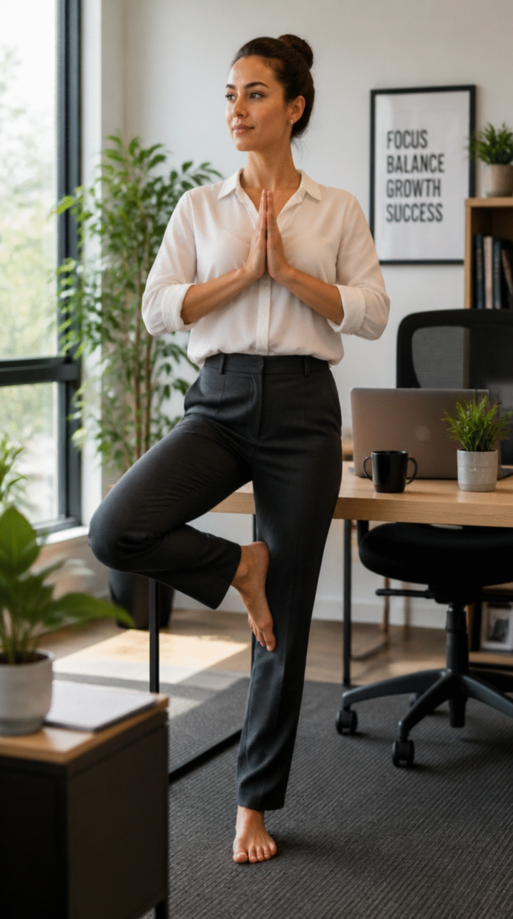 Standing Yoga Tree Pose at the Desk That Resets Focus and Balance Mid-Afternoon