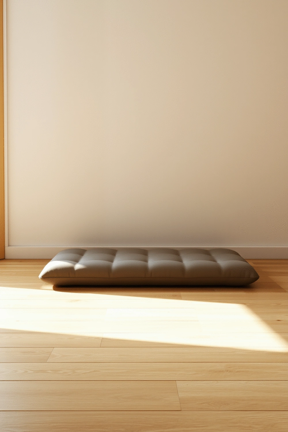 A serene, minimalist scene with a high-quality, adjustable meditation cushion placed on a wooden floor, with soft light filtering in through a window, creating gentle shadows.