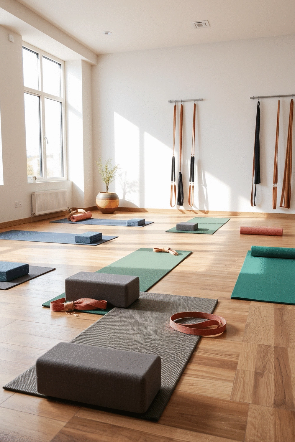 A tranquil yoga studio setup with a variety of yoga mats, blocks, and straps arranged neatly, ready for practice.
