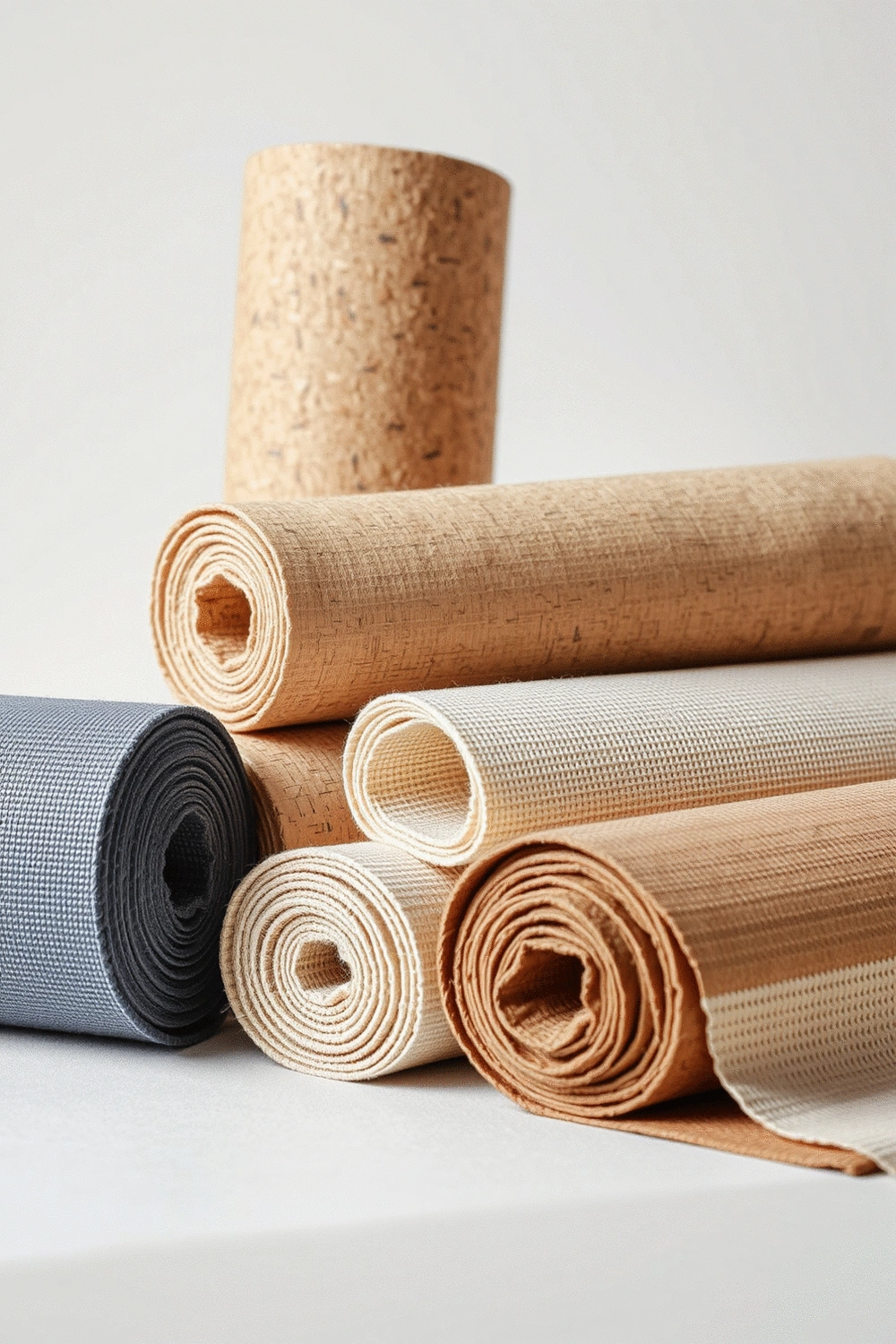 Arrangement of various eco-friendly yoga mat materials like cork, jute, and natural rubber samples on a clean background