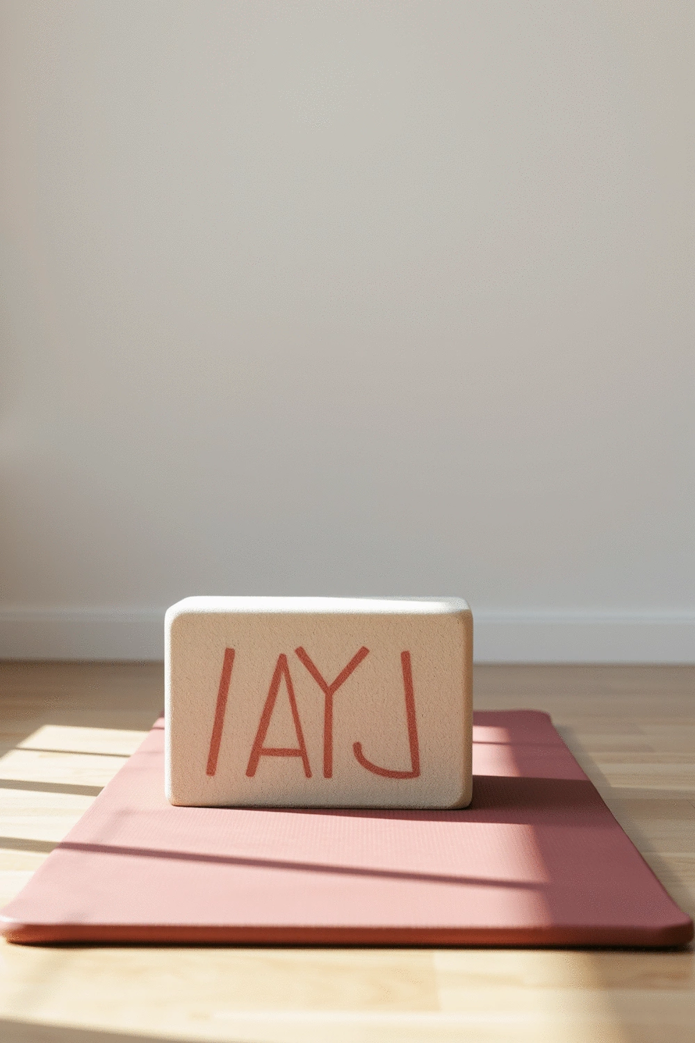A yoga block positioned on a yoga mat, illustrating proper alignment with a subtle shadow, in a serene studio setting.