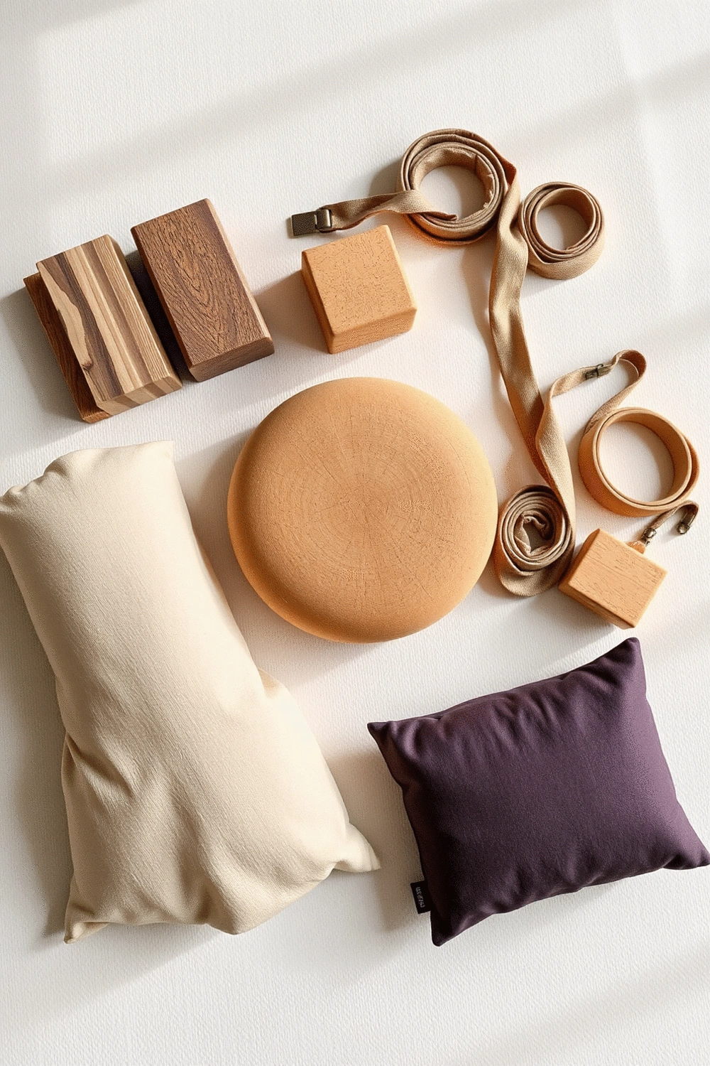 A variety of yoga props including blocks, straps, and cushions arranged neatly on a light-colored floor, suggesting a home or office yoga space.