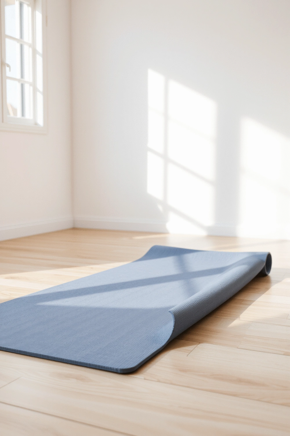 Yoga mat on a clean wooden floor, sunlit room, empty space for practice