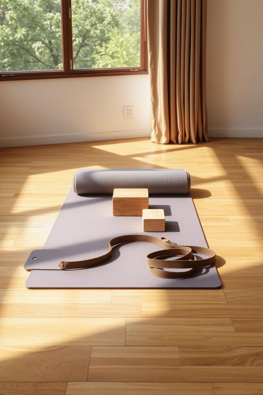 Luxurious yoga mat, blocks, and strap arranged neatly on a polished wooden floor, bathed in soft natural light, symbolizing quality and durability.