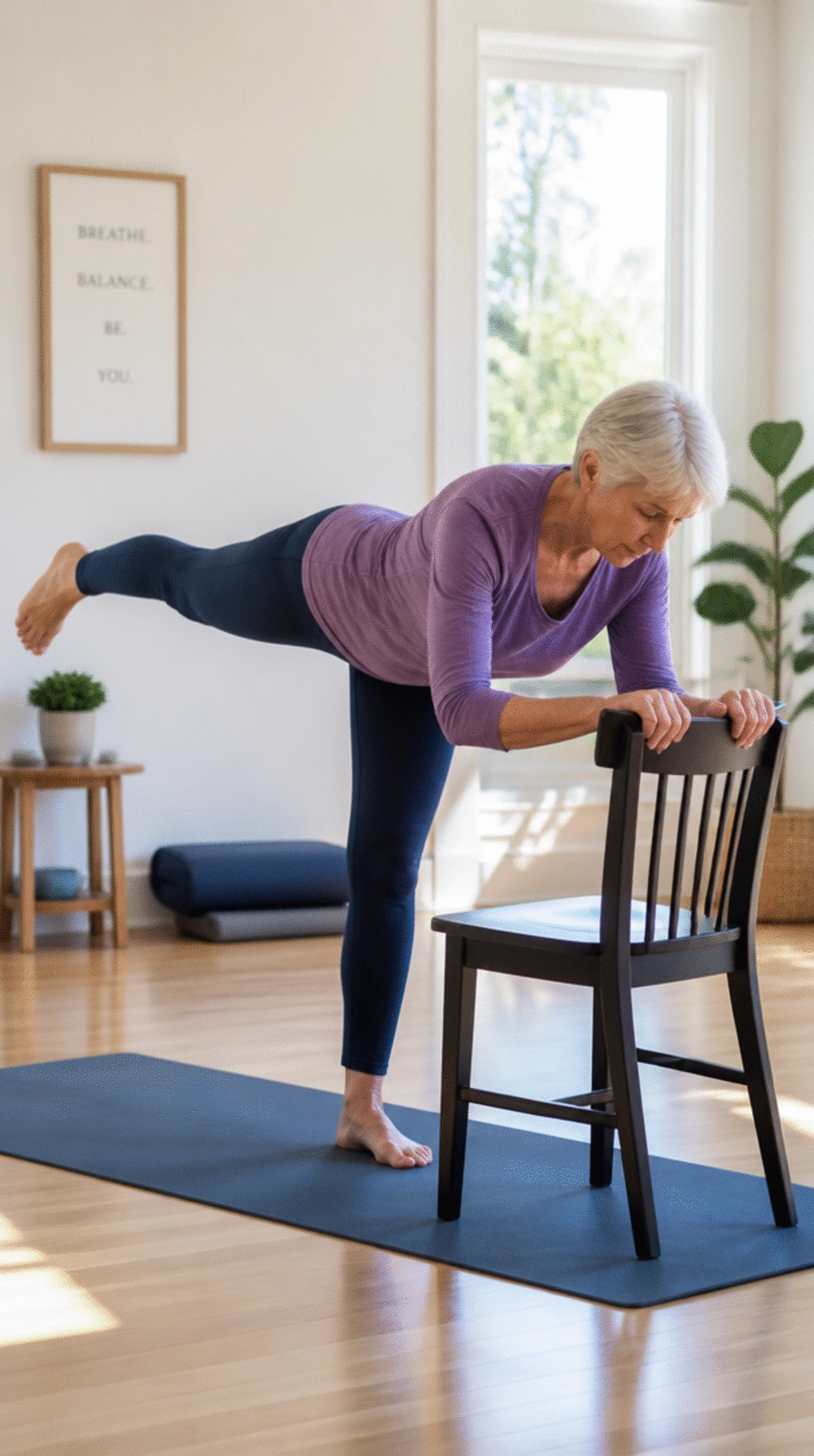 Chair-Assisted Warrior III Yoga Variation That Trains Hip Stability for Seniors