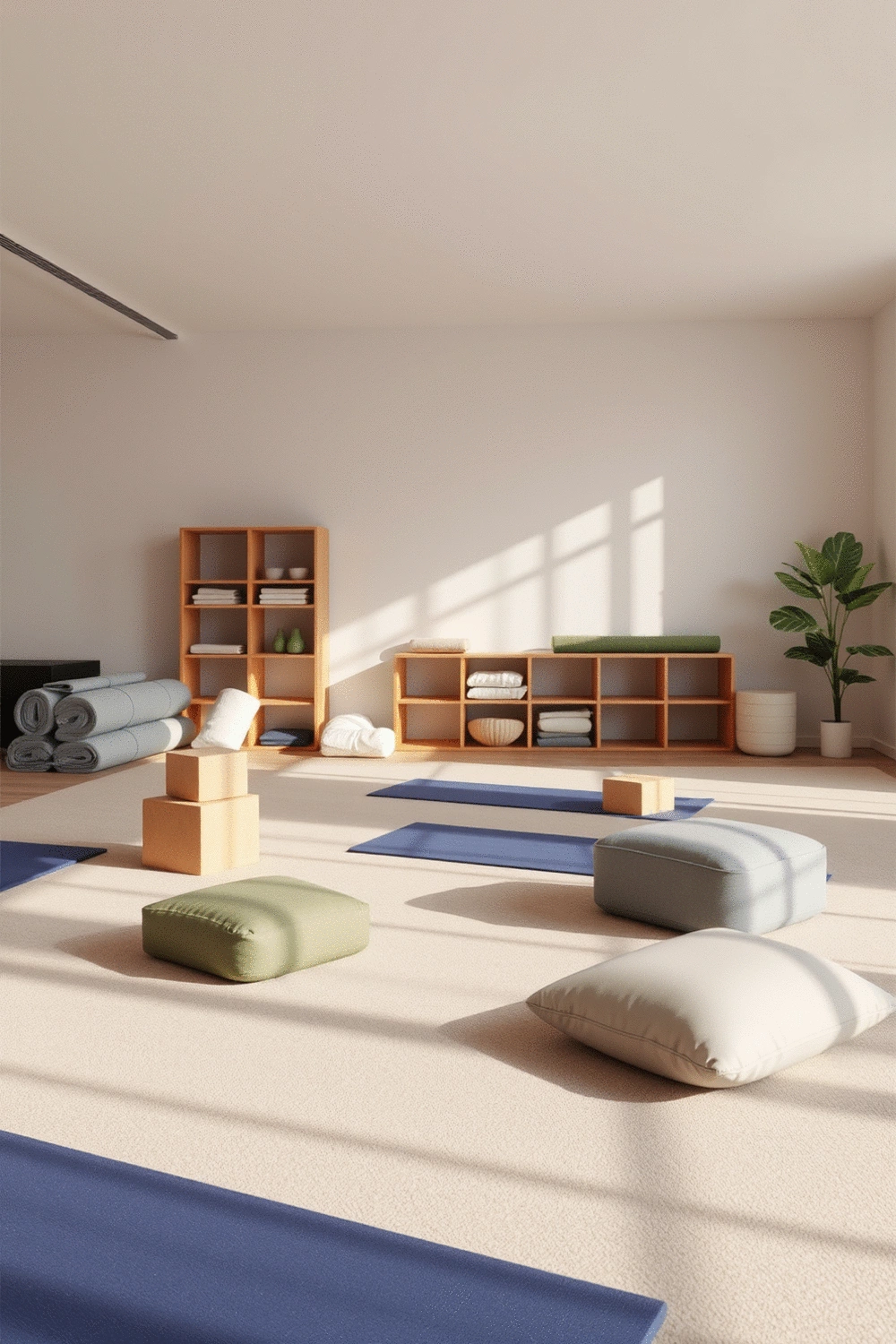 An empty, organized office break room with yoga mats, cushions, and blocks neatly stacked, ready for a group yoga session.