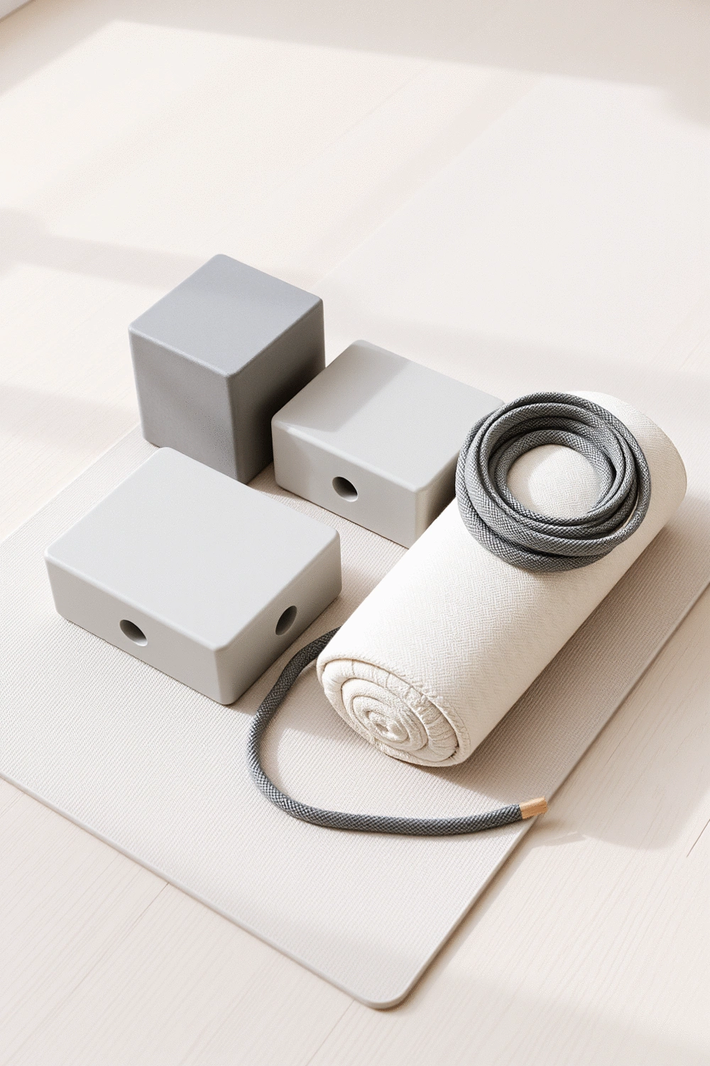 Arrangement of yoga blocks, a coiled yoga strap, and a soft bolster on a light-colored yoga mat in a clean, minimalist setting.