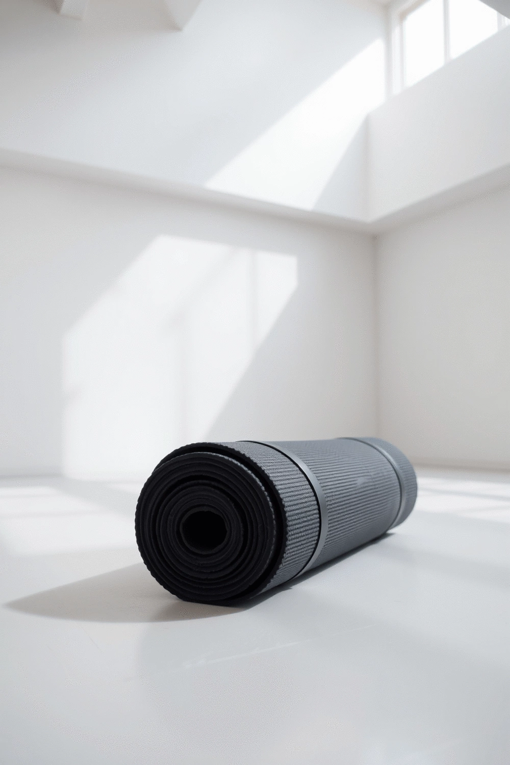 A rolled-up hot yoga mat in a clean, minimalist studio setting, suggesting quality and readiness for practice.
