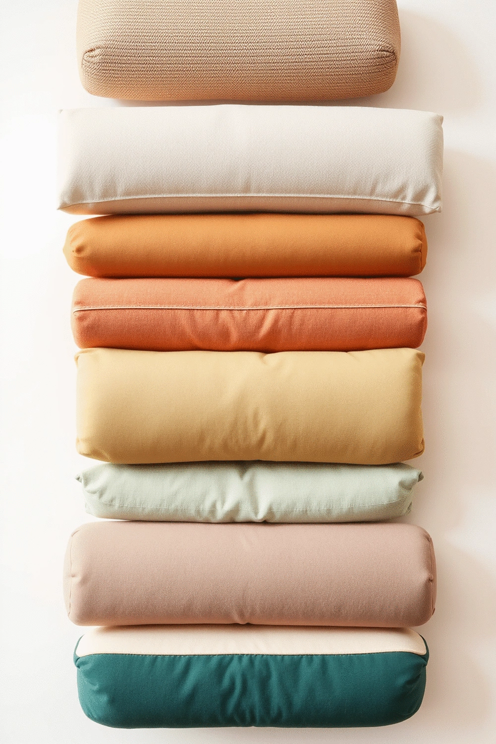 A selection of different yoga bolsters in various colors and shapes, neatly stacked or arranged on a clean background, showcasing material quality and design.