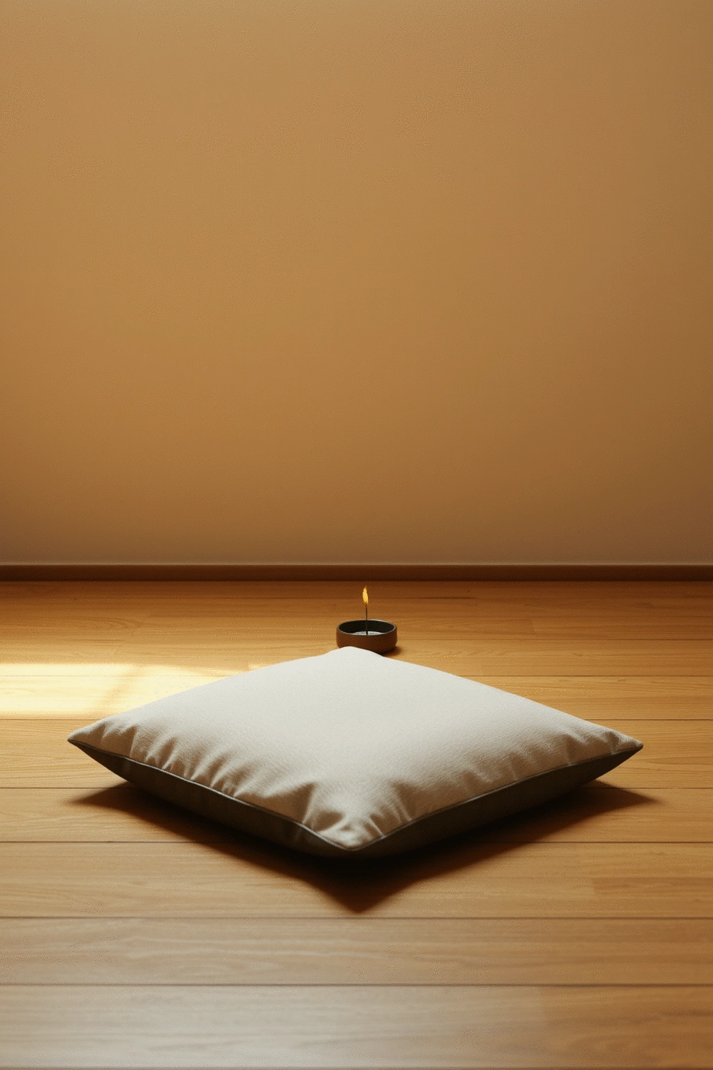 A tranquil meditation space with a zafu and zabuton cushion set on a wooden floor, surrounded by soft, indirect lighting and a small, unlit incense holder.