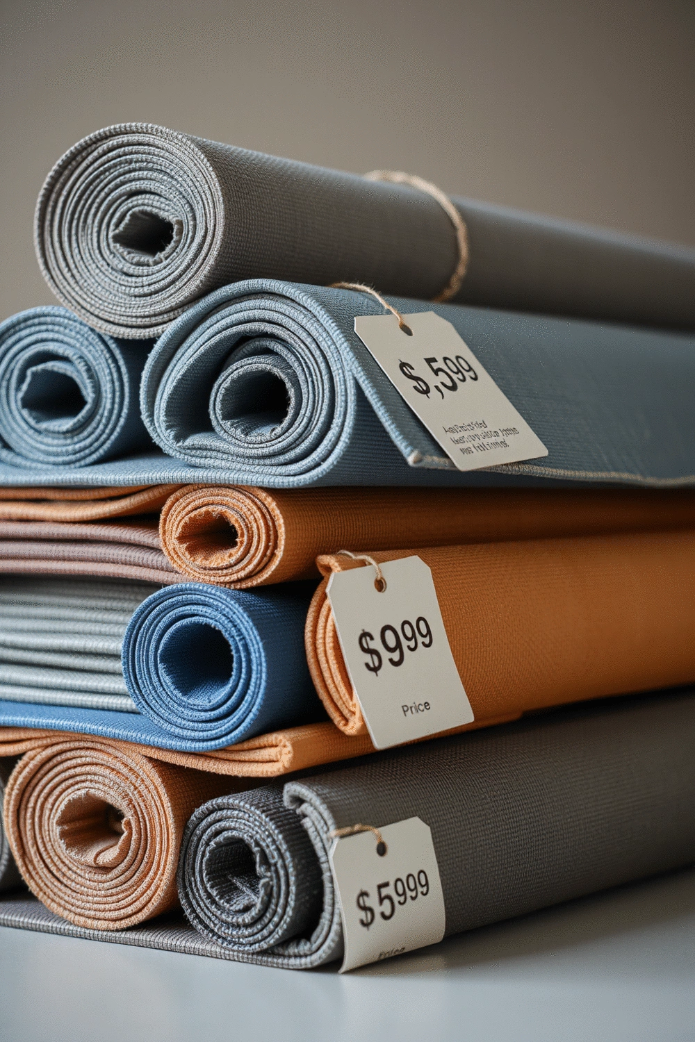 A stack of various yoga mats with price tags, illustrating value and choice
