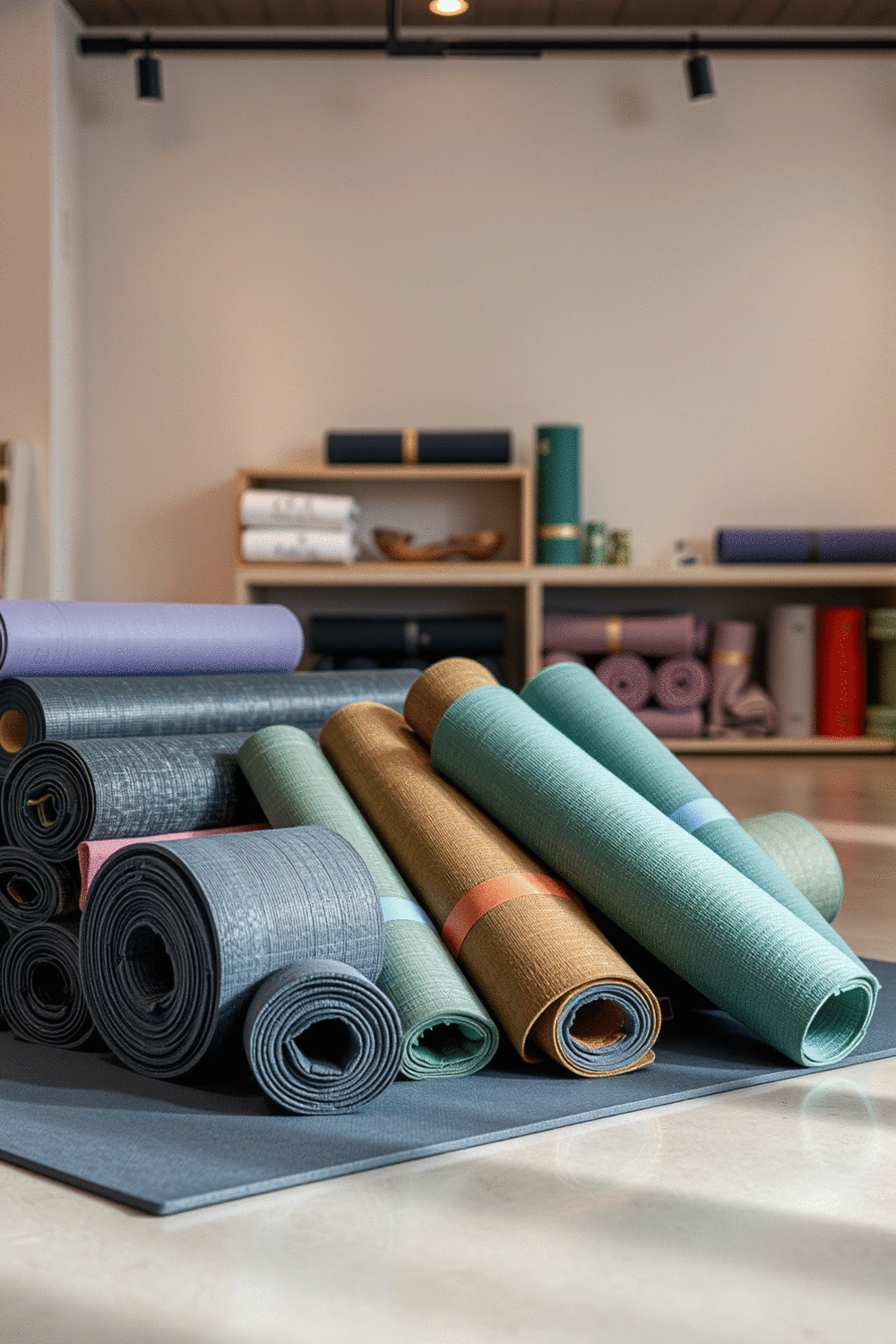 A variety of yoga mats neatly rolled and displayed in a minimalist retail setting, showcasing different brands and materials, with soft studio lighting.