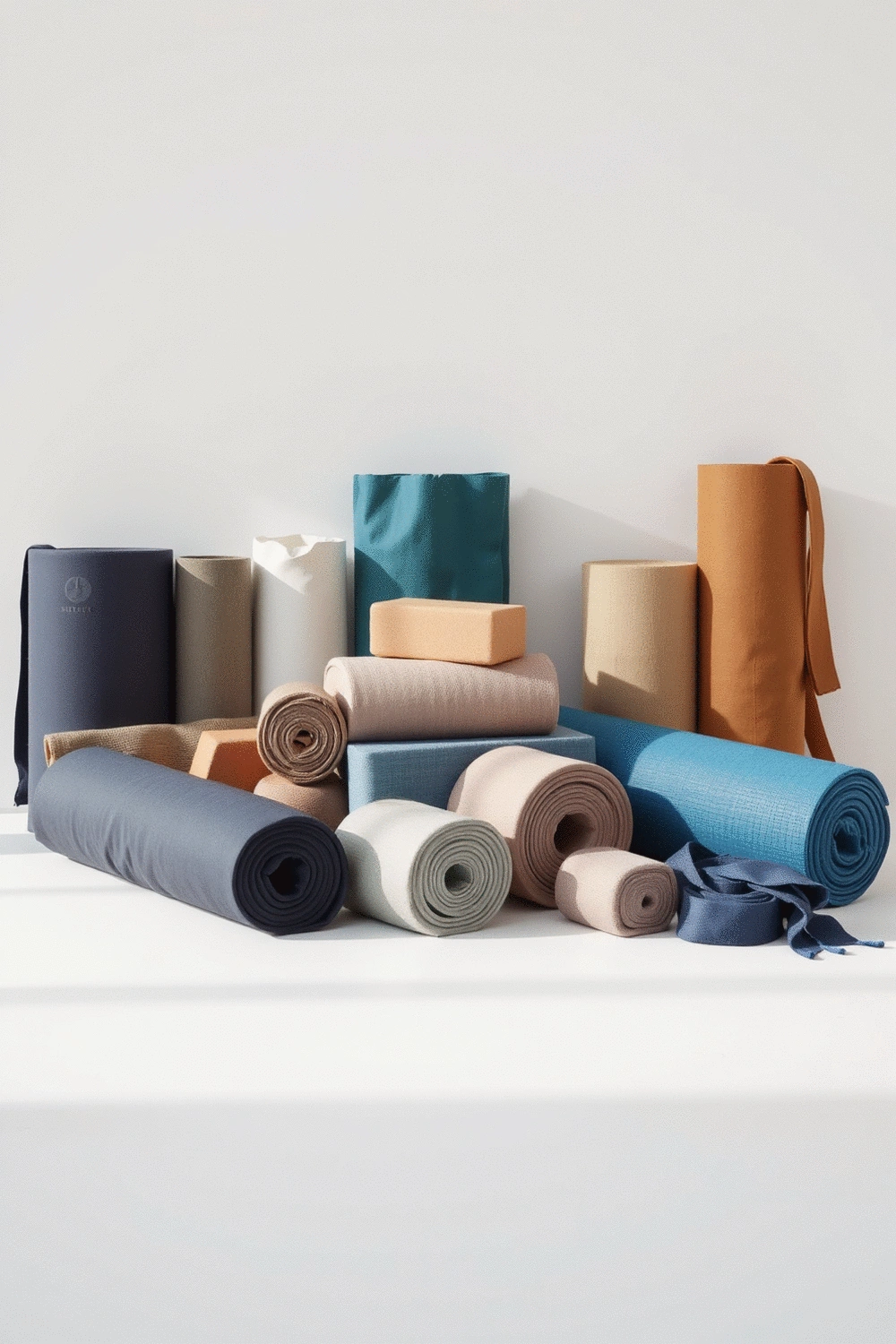 Various yoga props including different sized mats, blocks, and straps, neatly arranged by material and color, against a clean, minimalist background.
