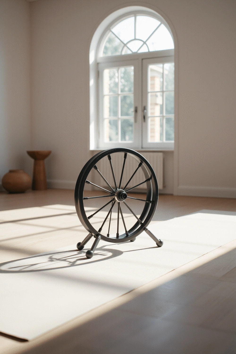 Yoga wheel on a yoga mat in a minimalist home yoga space