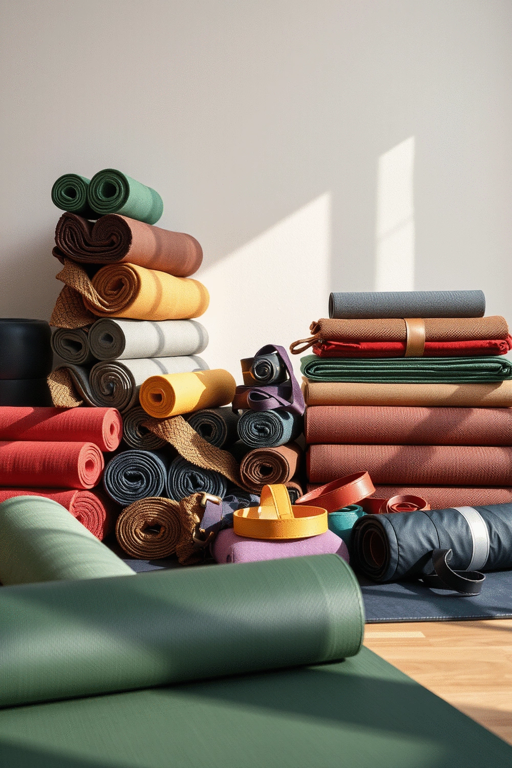 A collection of high-quality yoga gear, including neatly rolled mats, stacked blocks, and various straps, displayed in a well-lit studio setting, suggesting a curated selection for discerning practitioners.