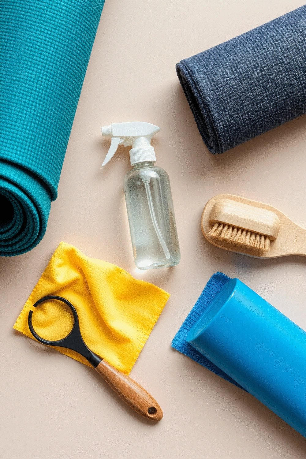 Yoga mat cleaning accessories, including a spray bottle and cloth