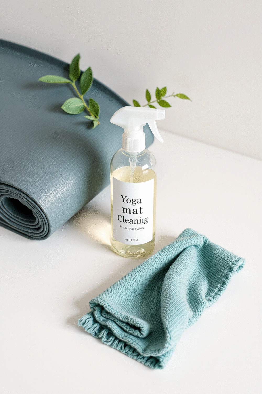 Eco-friendly yoga mat cleaning products on a wooden surface
